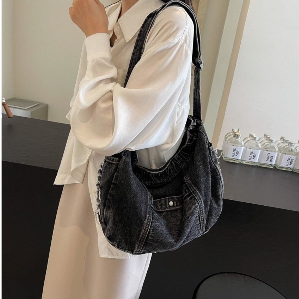 Black Denim Hobo Tote Bag with Edgy Distressing